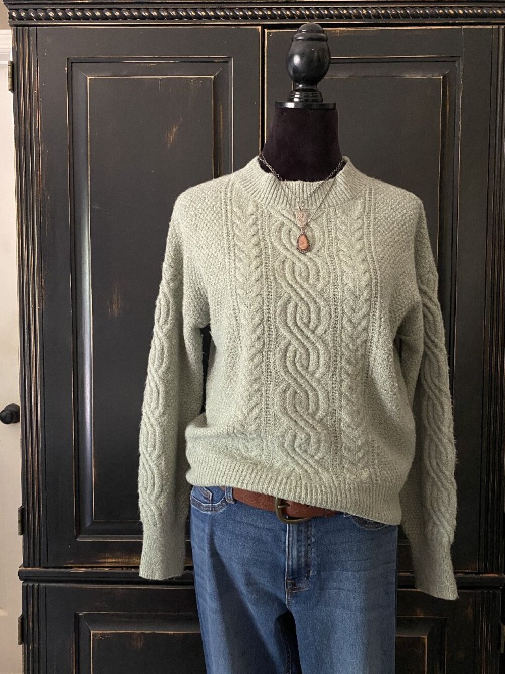 Pink Rose - Size: Women’s Small - Sage Green Cable Knit Mock Neck Sweater